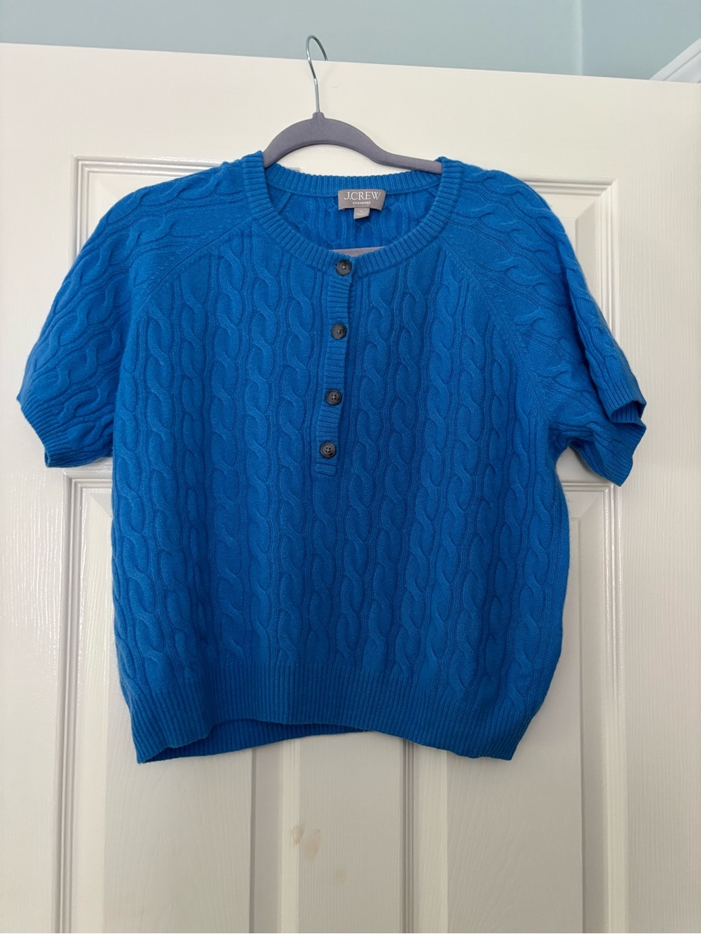 J. Crew Vibrant Blue 100% Cashmere Cable-Knit Short Sleeve Henley Sweater